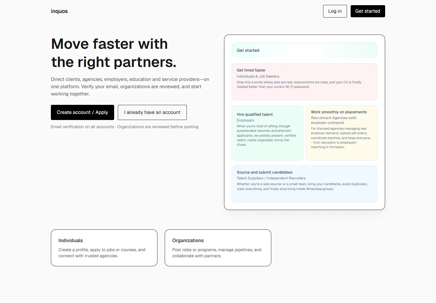 Inquos public website presenting entry points for individuals and hiring partners